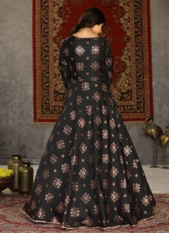 Black Taffeta Metalic Foil Work Anarkali Gown Party Wear -Indo Clothing Shop black taffeta metalic foil work anarkali gown bgwsom4601 b