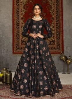 Black Taffeta Metalic Foil Work Anarkali Gown Party Wear -Indo Clothing Shop black taffeta metalic foil work anarkali gown bgwsom4601 u