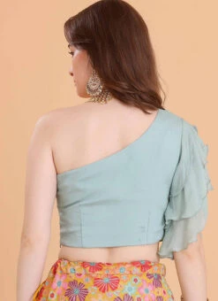 Blue Chinon One Shouldered Blouse Festive Wear -Indo Clothing Shop blue chinon one shouldered blouse BLBS02309114 b