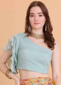 Blue Chinon One Shouldered Blouse Festive Wear -Indo Clothing Shop blue chinon one shouldered blouse BLBS02309114 u