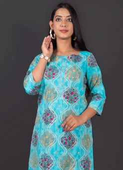 Blue Cotton Foil Print Kurta Straight Pant Set Party Wear 7 Blue Cotton Foil Print Kurta Straight Pant Set Party Wear -Indo Clothing Shop blue cotton foil print kurta straight pant set krsjzlo0013 b