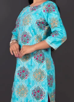 Blue Cotton Foil Print Kurta Straight Pant Set Party Wear