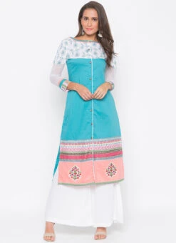 Blue Cotton Palazzo Set Party Wear -Indo Clothing Shop blue cotton palazzo set krsmnkc2001 u