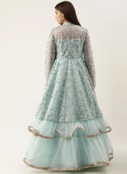Blue Embroidered Layered Style Bridal Gown Wedding Wear -Indo Clothing Shop blue embroidered layered style bridal gown IWBS02008734 b