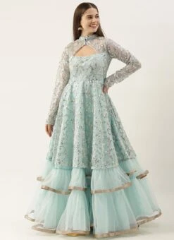 Blue Embroidered Layered Style Bridal Gown Wedding Wear -Indo Clothing Shop blue embroidered layered style bridal gown IWBS02008734 u