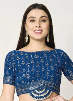 Blue Georgette Embroidered Boat Neck Blouse Wedding Wear -Indo Clothing Shop blue georgette embroidered boat neck blouse BLBS02307594 u