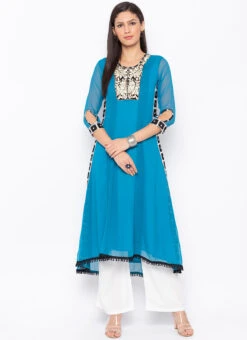 Blue Georgette Embroidered Kurta Palazzo Set After Six Wear -Indo Clothing Shop blue georgette embroidered kurta palazzo set krsmnc1934ks u
