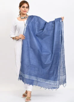 Blue Linen Cotton Dupatta Work Wear -Indo Clothing Shop blue linen cotton dupatta dpdmimfd171 u