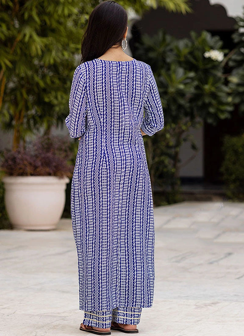 Blue Muslin Printed Kurta Straight Pant Set After Six Wear 4 Blue Muslin Printed Kurta Straight Pant Set After Six Wear - Image 4