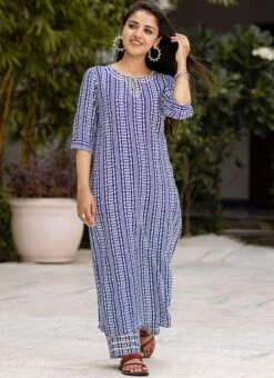Blue Muslin Printed Kurta Straight Pant Set After Six Wear 6 Blue Muslin Printed Kurta Straight Pant Set After Six Wear -Indo Clothing Shop blue muslin printed kurta straight pant set krspranju67 u