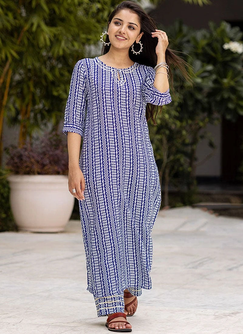 Blue Muslin Printed Kurta Straight Pant Set After Six Wear 3 Blue Muslin Printed Kurta Straight Pant Set After Six Wear - Image 3