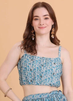 Blue N Cream Chinon Embroidered Blouse Festive Wear -Indo Clothing Shop blue n cream chinon embroidered blouse BLBS02309121 u