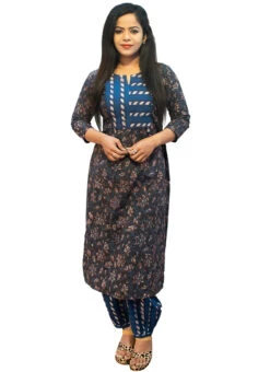 Blue Printed Cotton Kurta Set Festive Wear -Indo Clothing Shop blue printed cotton kurta set krsoas1229 u