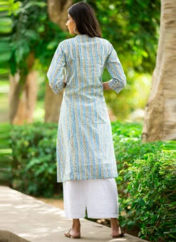 Blue Pure Cotton Hand Block Printed Kurta Semi Palazzo Set After Six Wear -Indo Clothing Shop blue pure cotton hand block printed kurta semi palazzo set krsjbp2022a2123b b