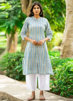 Blue Pure Cotton Hand Block Printed Kurta Semi Palazzo Set After Six Wear -Indo Clothing Shop blue pure cotton hand block printed kurta semi palazzo set krsjbp2022a2123b u