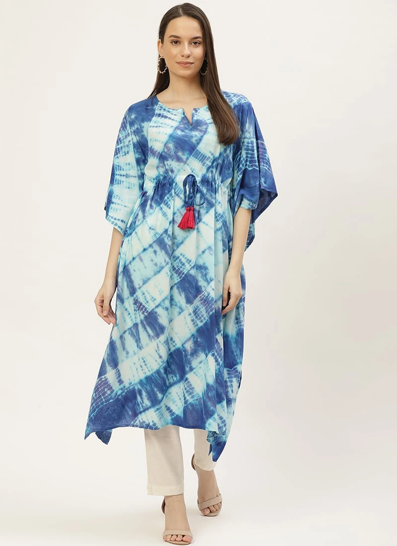 Blue Rayon Tie N Dye Kaftan Long Tunic Work Wear 3 Blue Rayon Tie N Dye Kaftan Long Tunic Work Wear - Image 3