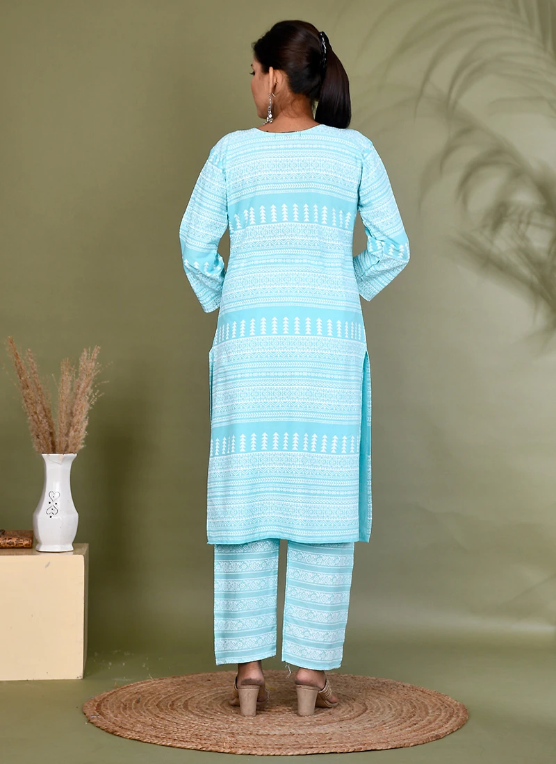 Blue Viscose Rayon Printed Kurta Semi Palazzo Set Work Wear 4 Blue Viscose Rayon Printed Kurta Semi Palazzo Set Work Wear - Image 4