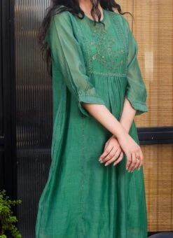 Bottle Green Embroidery Silk Dress Work Wear