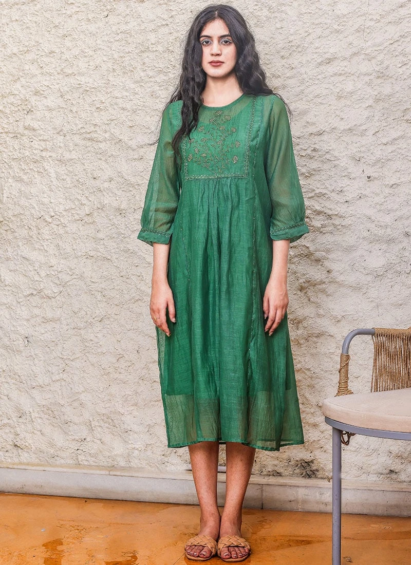 Bottle Green Embroidery Silk Dress Work Wear 3 Bottle Green Embroidery Silk Dress Work Wear - Image 3