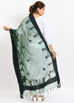 Bottle Green Organza Cotton Chikankari Embroidery Dupatta Work Wear -Indo Clothing Shop bottle green organza cotton chikankari embroidery dupatta dpdmimfd116 b