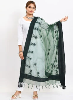 Bottle Green Organza Cotton Chikankari Embroidery Dupatta Work Wear -Indo Clothing Shop bottle green organza cotton chikankari embroidery dupatta dpdmimfd116 u