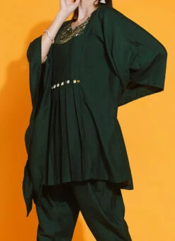 Bottle Green Polyester Hand Work Kaftan Set Party Wear