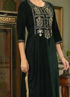 Bottle Green Velvet Embroidered Kurta Straight Pant Set Work Wear