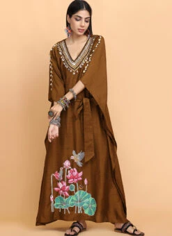 Brown Handpainted Kaftan Set Party Wear -Indo Clothing Shop brown handpainted kaftan set kfdasct174 u