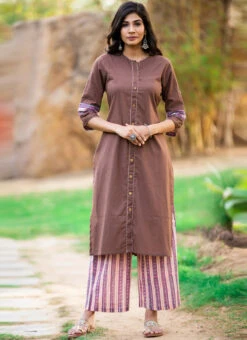 Brown Pure Cotton Kurta Semi Palazzo Set After Six Wear -Indo Clothing Shop brown pure cotton kurta semi palazzo set krsjbp2022a2105b u