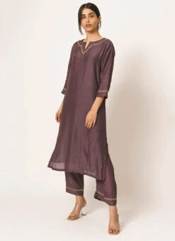Brownish Purple Pure Chanderi Silk Embroidered Kurta Semi Palazzo Set Party Wear -Indo Clothing Shop brownish purple pure chanderi silk embroidered kurta semi palazzo set krsdvcsvks42 u