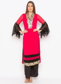 Candy Red Georgette Embroidered Kurta Palazzo Set After Six Wear -Indo Clothing Shop candy red georgette embroidered kurta palazzo set krsmnc1928ks u