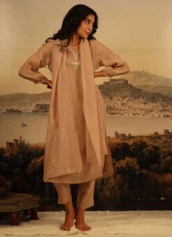 Chikku Brown Chanderi Silk Embroidered Dupatta Party Wear -Indo Clothing Shop chikku brown chanderi silk embroidered dupatta dpbadcssfch01 u