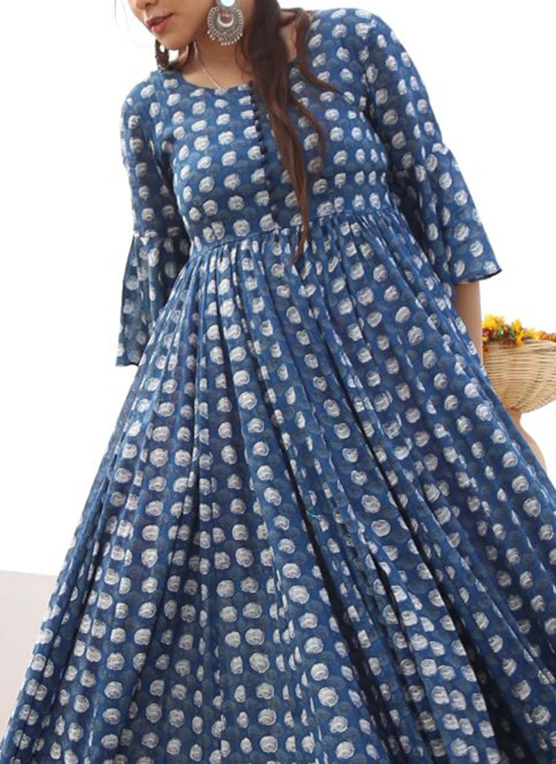 Cobalt Blue Cotton Printed Anarkali Gown After Six Wear 1 Cobalt Blue Cotton Printed Anarkali Gown After Six Wear