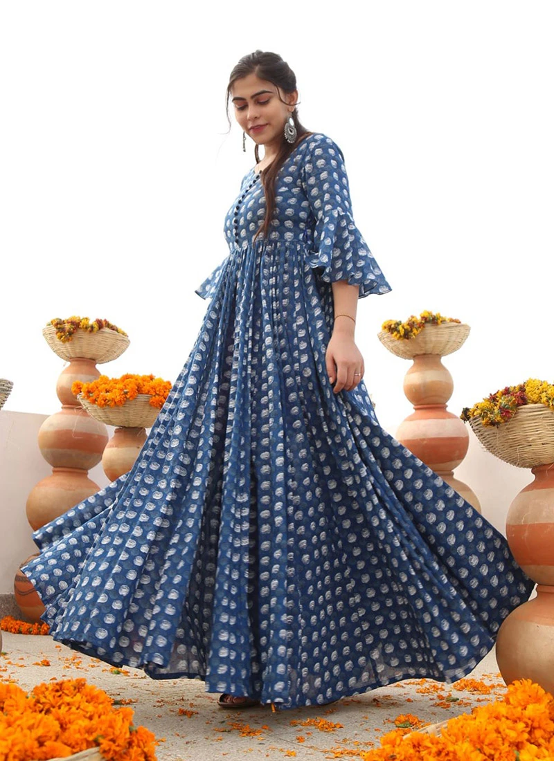 Cobalt Blue Cotton Printed Anarkali Gown After Six Wear 3 Cobalt Blue Cotton Printed Anarkali Gown After Six Wear - Image 3