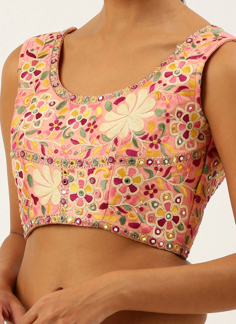 Coral Pink Silk Embroidered Work Blouse Party Wear 1 Coral Pink Silk Embroidered Work Blouse Party Wear