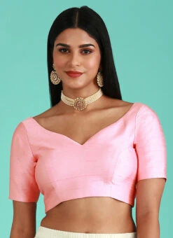 Coral Pink Silk Solid Stitched Readymade Blouse Party Wear -Indo Clothing Shop coral pink silk solid stitched readymade blouse blspfb226c u