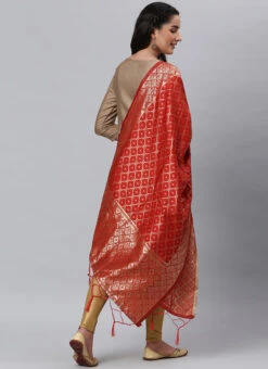 Coral Red Benarasi Silk Jacquard Woven Dupatta Festive Wear -Indo Clothing Shop coral red benarasi silk jacquard woven dupatta dpsli1402105red b