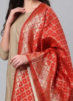 Coral Red Benarasi Silk Jacquard Woven Dupatta Festive Wear