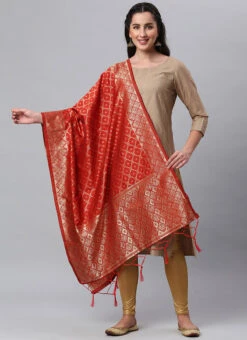 Coral Red Benarasi Silk Jacquard Woven Dupatta Festive Wear -Indo Clothing Shop coral red benarasi silk jacquard woven dupatta dpsli1402105red u
