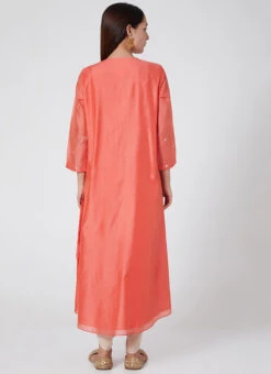 Coral Red Pure Chanderi Silk Embroidered Kurta Dhoti Set Party Wear 7 Coral Red Pure Chanderi Silk Embroidered Kurta Dhoti Set Party Wear -Indo Clothing Shop coral red pure chanderi silk embroidered kurta dhoti set krsdvcsvks45 b