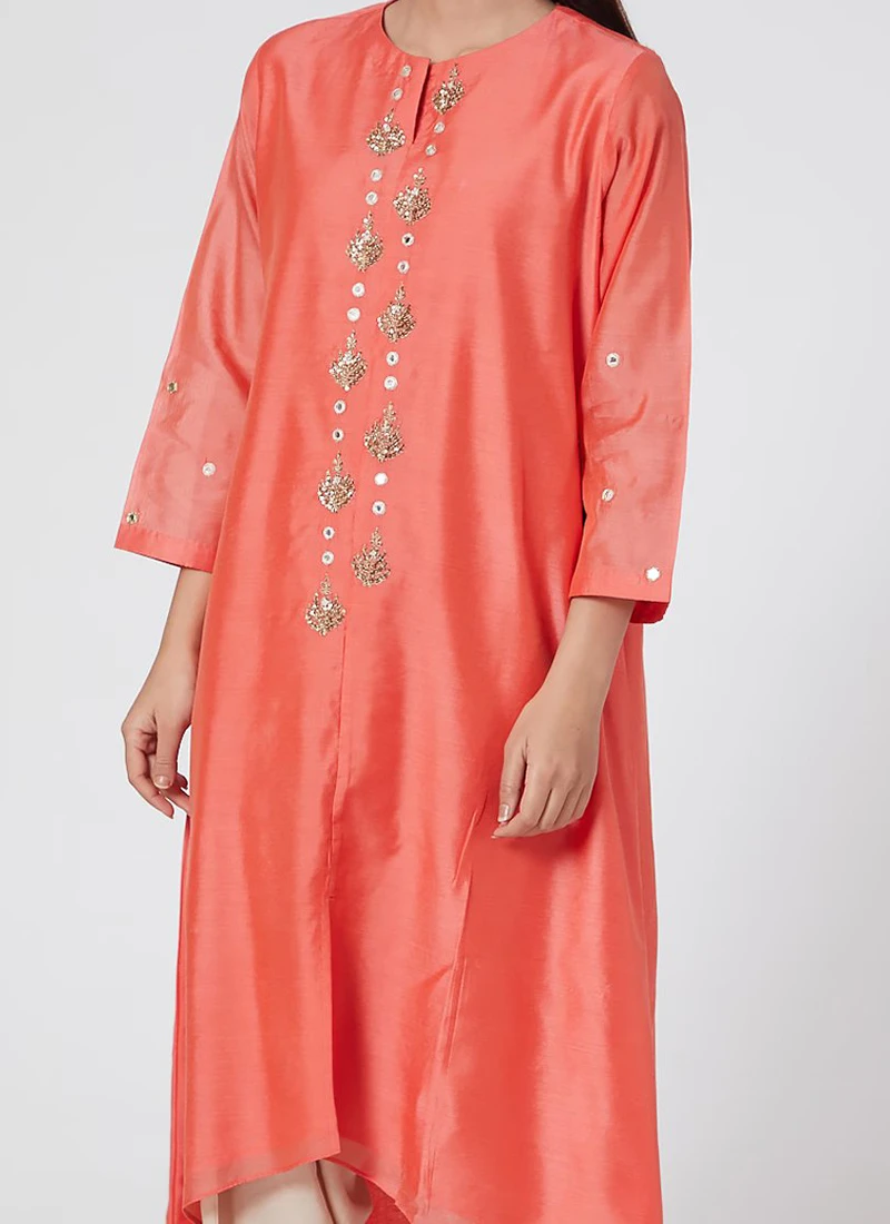 Coral Red Pure Chanderi Silk Embroidered Kurta Dhoti Set Party Wear 1 Coral Red Pure Chanderi Silk Embroidered Kurta Dhoti Set Party Wear
