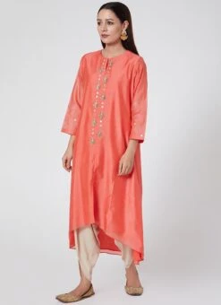 Coral Red Pure Chanderi Silk Embroidered Kurta Dhoti Set Party Wear 6 Coral Red Pure Chanderi Silk Embroidered Kurta Dhoti Set Party Wear -Indo Clothing Shop coral red pure chanderi silk embroidered kurta dhoti set krsdvcsvks45 u