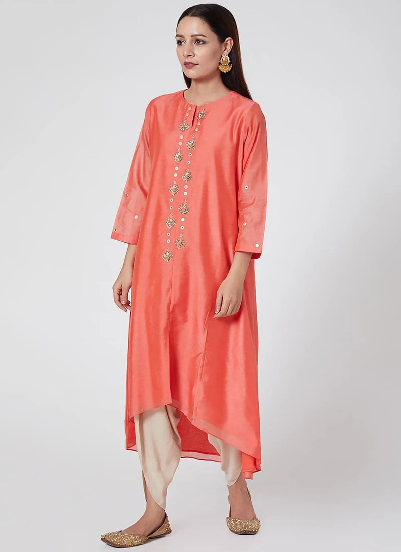 Coral Red Pure Chanderi Silk Embroidered Kurta Dhoti Set Party Wear 3 Coral Red Pure Chanderi Silk Embroidered Kurta Dhoti Set Party Wear - Image 3