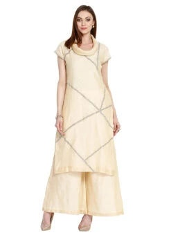 Cream Chanderi Kurta Palazzo Set After Six Wear -Indo Clothing Shop cream chanderi palazzo set iwskrrwrf004 u