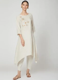 Cream Linen Kurta Straight Pant Set Work Wear -Indo Clothing Shop cream linen kurta straight pant set krsdvcsvts15 u