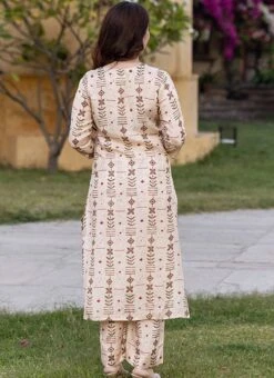 Cream Muslin Printed Kurta Straight Pant Set After Six Wear -Indo Clothing Shop cream muslin printed kurta straight pant set krspranju69 b