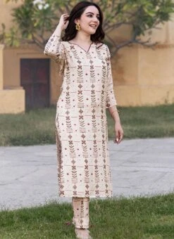 Cream Muslin Printed Kurta Straight Pant Set After Six Wear -Indo Clothing Shop cream muslin printed kurta straight pant set krspranju69 u