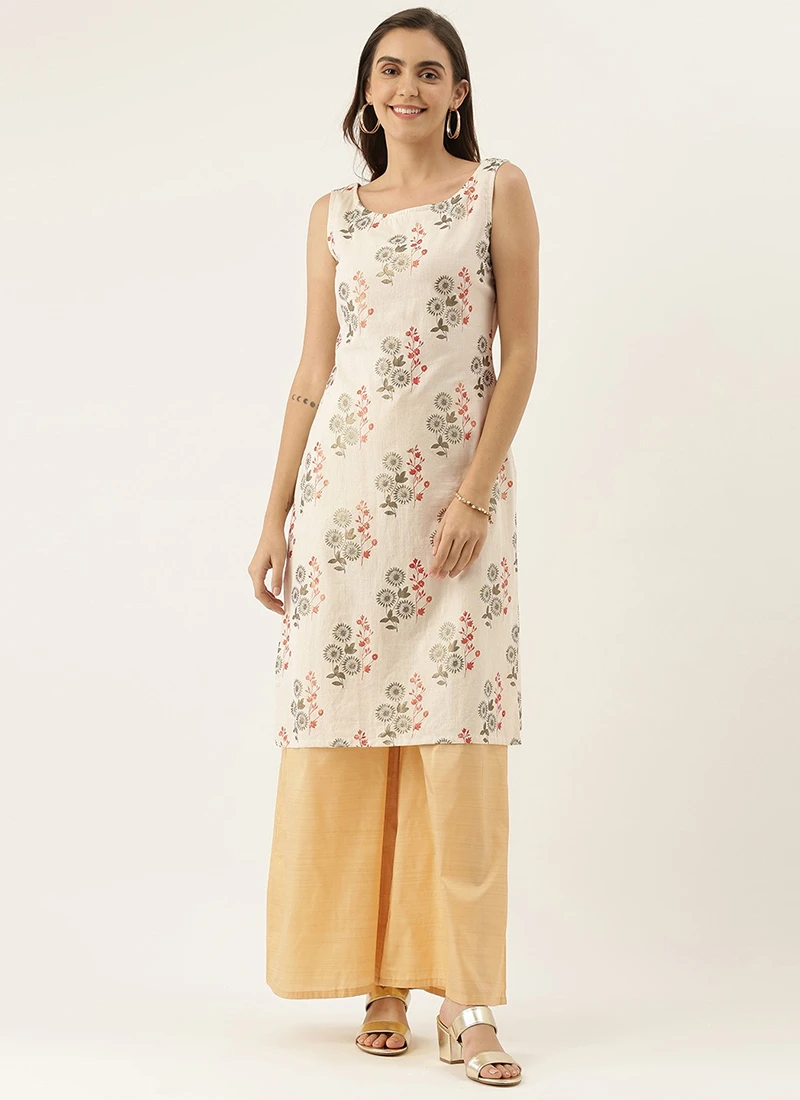 Cream Silk Cotton Sleeveless Palazzo Suit Party Wear 3 Cream Silk Cotton Sleeveless Palazzo Suit Party Wear - Image 3