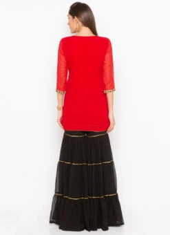 Crimson Red Georgette Mirror Embroidered Kurta Sharara Set After Six Wear -Indo Clothing Shop crimson red georgette mirror embroidered kurta sharara set krsmnc1976ks b