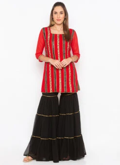 Crimson Red Georgette Mirror Embroidered Kurta Sharara Set After Six Wear -Indo Clothing Shop crimson red georgette mirror embroidered kurta sharara set krsmnc1976ks u